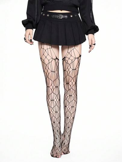 Grunge Punk 1 Pair Sexy Minimalist Black Solid Color Suspender Stockings, Spiderweb Pattern Sheer Elastic Tights, Ultra-Thin Opaque Pantyhose