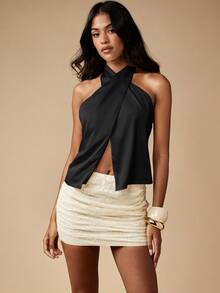 MISSGUIDED 优雅缎面露背吊带交叉前襟晚宴上衣，适合节日派对、假日婚礼、夏季夜晚外出等场合。