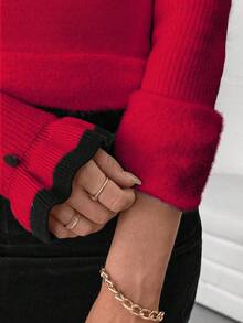 RosyDaze Sweater Rajut Lengan Panjang Wanita Model Turtleneck dengan Kancing dan Rumbai, Dilengkapi Pita dan Lapisan Termal yang Pas di Badan - Merah - View 8