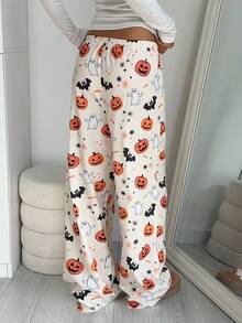 Aloruh 万圣节低腰系带阔腿南瓜蝙蝠印花女裤 - 彩色 - 查看 2