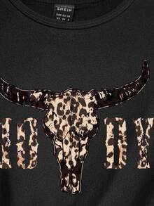 SHEIN Essnce 休闲复古豹纹西部牛仔图案女式T恤