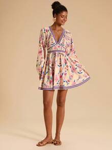 Travachic 女式花卉印花V领长袖迷你连衣裙 - 粉色 - 查看 3