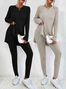 2 套基本款黑色和米色舒适针织家居服套装，适合少女