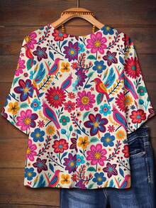 EMERY ROSE Vintage Floral Print Decor Button Notched Neck 3/4 Sleeve Loose Blouse For Plus Size Women, Suitable For Summer Chic Blouses For Women - Multicolor - View 2
