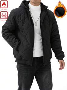 Manfinity Homme Men's Solid Color Long Sleeve Zip Front Drawstring Hooded Casual Winter Coat, Quilted Outerwear, Fall - Black - View 2