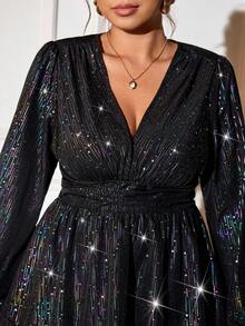 Cravure Robe midi évasée à manches longues en feuille d'or sexy et élégante pour femmes grandes tailles