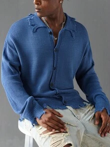 Claim Dot Men's Casual Versatile Solid Color Distressed Cardigan Men Blue Cardigan - Dusty Blue - View 3