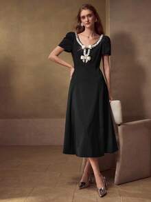 MOTF PREMIUM Váy đính nơ đính đá lấp lánh - màu đen - Xem 7