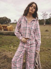 Aralina 睡衣秋冬可爱舒适柔软拉绒法兰绒格纹纽扣门襟衬衫和阔腿裤带系带两件套睡衣套装 - 彩色 - 查看 7