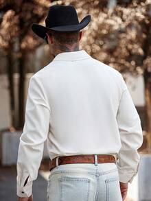 Manfinity Nomadique Men's Floral Print Long Sleeve Single-Breasted Casual Shirt With Pockets Men Western Shirt Beige Men Western Shirt Western Shirts, Fall - Black and White - View 2