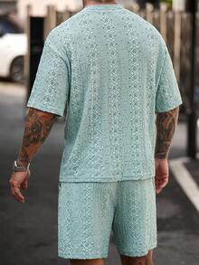 Manfinity Homme 2pcs Men's Knitted Textured Jacquard Solid Color T-Shirt And Shorts Set