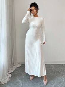 Selianne 25-30+ Days Casual Autumn/Winter Ribbed Knit Drawstring Dress For Women - Apricot - View 7