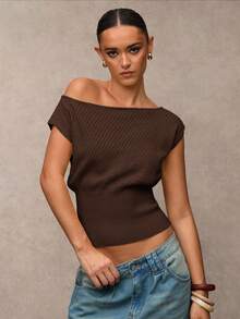 SHEIN BAE Women's Solid Color Batwing Short Sleeve Casual Regular Knit Top,Fall,Brown Sweater - Coffee Brown - View 6