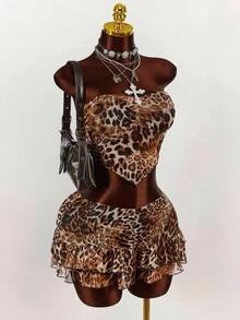 Y2K Amplova Women Super Wild Leopard Print Tube Top Ruffled Sleeveless Top And Pleated Ruffled Mini Skirt Two-Piece Set ,Versatile And Suitable For Parties And Daily Wear Cheetah Set Leopard Print Two Piece Set Animal Print Two Piece Set Cheetah Print Two Piece Set Leopard Set - Multicolor - View 3