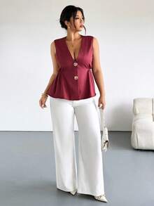 Firerie Chaqueta sin mangas con cuello en V profundo estilo francés retro de primavera y otoño, con 2 botones metálicos asimétricos, diseño de cintura plisada, bolsillos, tela de textura de bambú morado, adecuada para el Día de San Valentín, conciertos, actuaciones, citas, cenas formales, galas, bodas, sexy, elegante, viajes al trabajo, vuelta al colegio, vacaciones, playa, oficina, estilo sirena, fiesta de cumpleaños