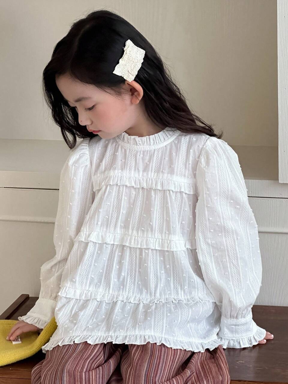 Young Girls Round Neck Frill Trim Long Sleeve Blouse