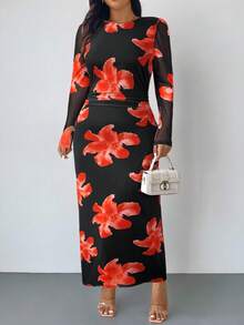 Firerie Vestido de malla de manga larga con volantes y estampado floral elegante y romántico, adecuado para principios de otoño, talla grande - Rojo - Ver 6