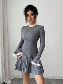 Elenzga Elegante abito-maglione da donna con maniche a sbuffo, vita stretta e linea ad A