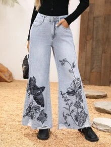 SHEIN LUNE Embroidered High-Waisted Wide-Leg Jeans - Blue - View 8