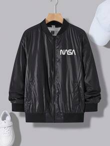 SHEIN Chaqueta casual con cremallera y cuello de béisbol de unicolor para chicos adolescentes, versátil y adecuada para ir al trabajo, la escuela, actividades casuales, viajes, fiestas al aire libre, deportes, ideal para otoño/invierno - Negro - Ver 3