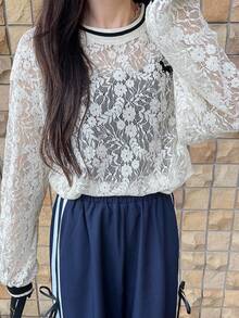 FRIFUL Women's Beige Contrast Color Sheer Embroidery Pattern Loose Casual Versatile Blouse, Suitable For Outings, Autumn - Apricot - View 5