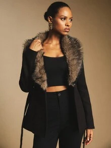 Poéselle Women's Fashionable Elegant Tie-Front Slim-Fit Coat With Detachable Faux Fur Collar-Fall/Winter Holiday Season,Black Cropped Jacket,Black Fur Coat,Teddy Coat,Winter Women Coat, Fur Coat Women, Women Winter Clothes, Black Blazer For Women - Black - View 4