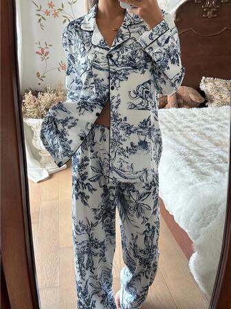 CottageSlumber Chinese Style Figure & Landscape Print Long Sleeve Pajama Set With Collar Matching Lounge Sets, Toile Print Pajamas Blue And White Pajamas Set, Fall Winter Clothes Cozy And Elegant Details