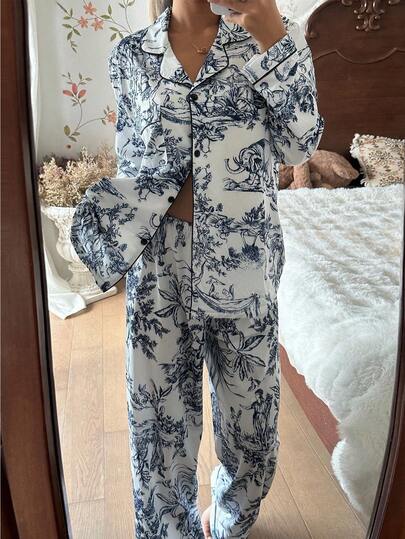 CottageSlumber Chinese Figure scape Print Long Sleeve Pajama Set Collar Matching Lounge Sets, Toile Pyjama Blauw Wit Set, Fall Clothes Cozy Elegante