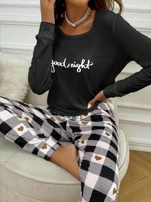 SHEIN Slogan & Heart Print PJ Set / Pajama Set, Fall Winter Clothes - Black and White - View 6