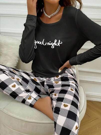 Slogan Heart Print PJ Set Pajama Set, Fall Clothes view 6