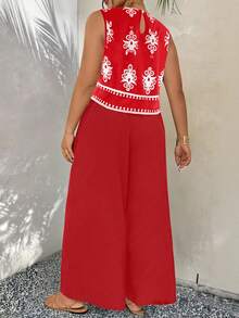 EMERY ROSE Plus Size Women Summer Casual Vacation Floral Satin Print Sleeveless Loose Tank Top And Wide Leg Pants Set