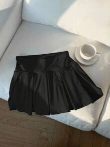 SHEIN EZwear 大码纯色休闲百褶迷你裙 - 黑色 - 查看 7