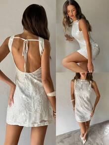 Aloruh Women's Sexy Backless Embroidered Chiffon Mini Dress, Sleeveless A-Line Bodycon Clubwear, Suitable For Spring/Summer Vacation - Beige - View 8