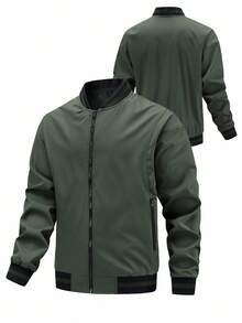 Manfinity Homme 男士立领棒球夹克军绿色休闲百搭风衣外套，秋冬男士飞行员夹克男士拉链夹克男士外套男士夹克休闲机能夹克 - 軍綠色 - 查看 3