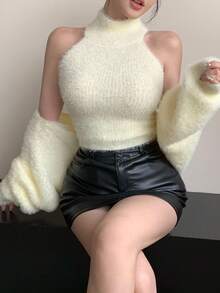 DAZY 2 件套女士毛绒高领吊带背心和开衫套装，性感修身秋冬 - 米色 - 查看 2