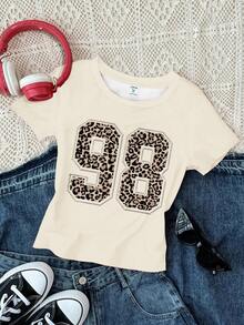 3 件套青少年女孩街头豹纹印花数字 98 和 58，城市字母图案修身休闲舒适圆领长袖 T 恤套装，适合夏季 - 彩色 - 查看 6