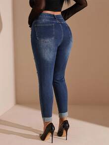 SHEIN BAE Plus Size Washed Ripped Jeans, Fall Women Clothes - Blue - View 2