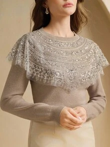 Anewsta Elegant Women's Beaded Collar Floral Embellished Sweater - Khaki - View 4