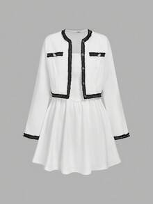 SHEIN MOD 腰部收紧吊带背心连衣裙搭配撞色饰边短夹克 - 黑與白 - 查看 10