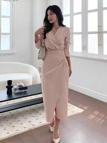 DAZY Women V-Neck Waist Cinched Mid-Length Shirt Dress