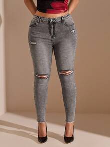 SHEIN BAE Plus Size Distressed Black Skinny Stretch Denim Jeans, Fall Women Clothes - Black - View 6