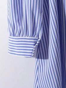 GlowEve Women's Chic Blue White Stripe Shirt Dress For Autumn,Off The Shoulder Splicing Long Sleeve Waist-Cinching A-Line Dress With Belt,Daily Work Outfits - Multicolor - View 4