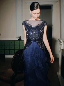 Anewsta Women's Popular Bohemian Style High-End Banquet Patchwork Tassel Beaded Dress - Blue - View 7