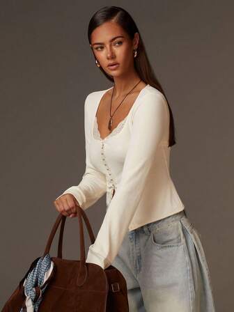 Athîral 女式纯色长袖修身蕾丝边休闲衬衫