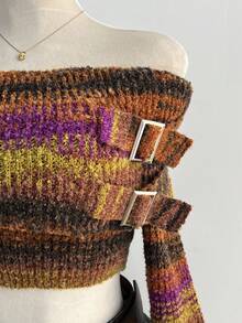 Elamini 1pc Sexy Off-Shoulder Ombre Short Knitted Long Sleeve Sweater For Women