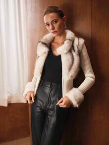 MOTF PREMIUM CONTRAST FUZZY PANEL ZIP PLACKET CARDIGAN - White - View 8