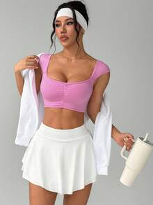 SHEIN Sovereign Charm Camiseta Esportiva Sem Costura Manga Curta/Gola Careca/Franzido na Frente/Moda/Fitness Corrida/Yoga - Rosa Bebê - Visão 3