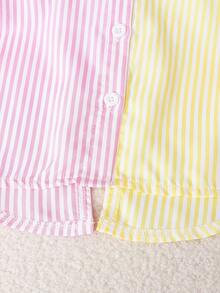 2pcs/Set Young Girl's Patchwork Contrast Color Asymmetrical Collar Long Sleeve Striped Back Bow Decor Shirt And Patchwork Striped Pants, Collegiate Casual Style, Suitable For All Seasons Fall Winter - Multicolor - View 7