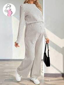 SHEIN 孕妇条纹圆领长袖休闲阔腿连体裤 - 杏色 - 查看 1