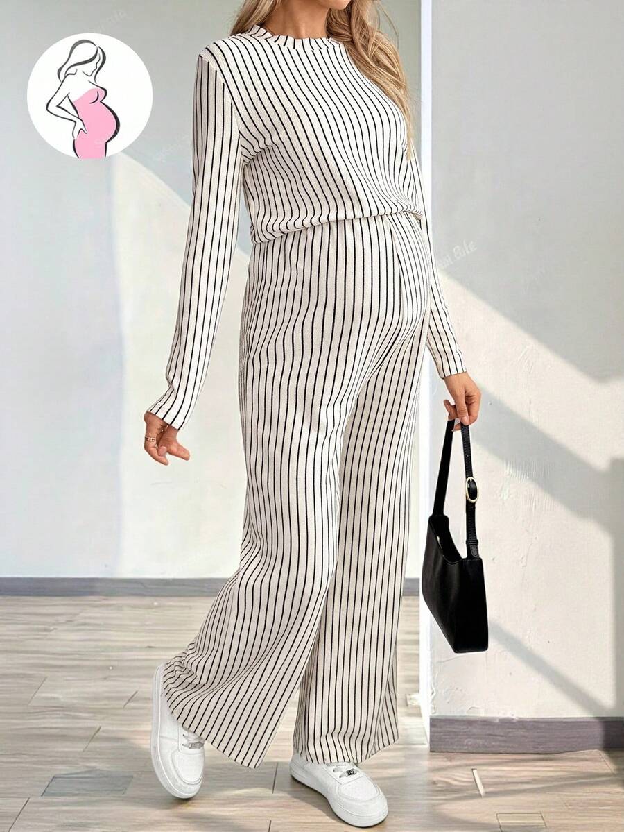 SHEIN 孕妇条纹圆领长袖休闲阔腿连体裤 - 杏色 - 查看 1